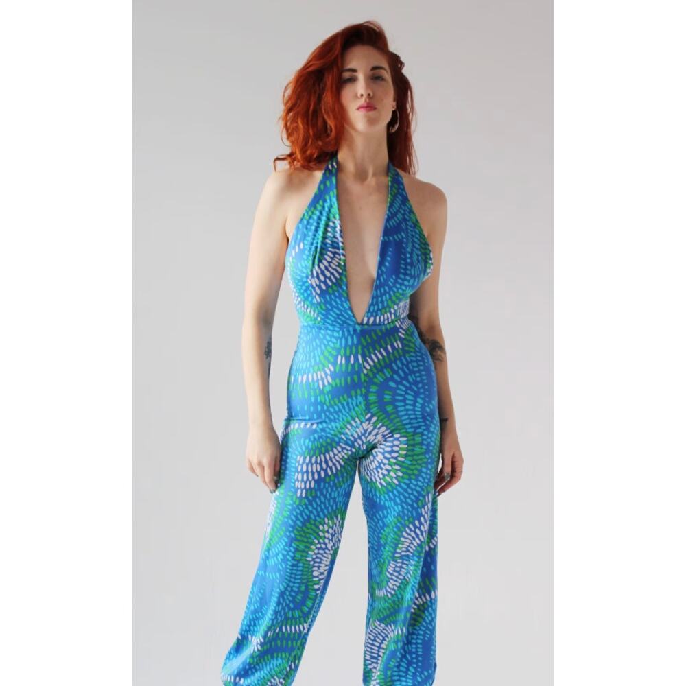 Vintage Halter Swim Jumpsuit 60 70 Wide leg DeWeese Palm Springs Op-art blue M/L